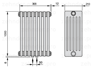 Схема (чертеж) Радиатор Zehnder Charleston 6100/8 №3470 Белый глянцевый RAL 9016
